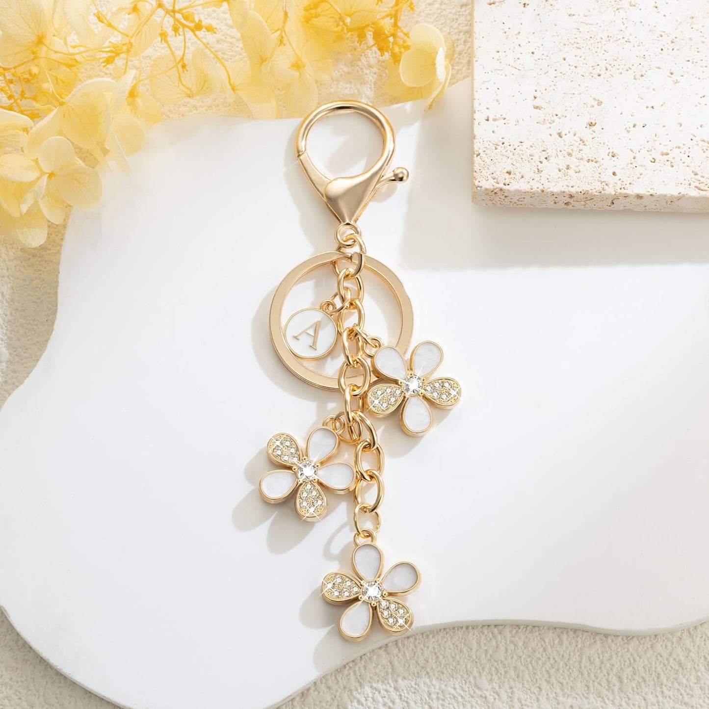 XGALBLA Cute Flower Crystals Rhinestone Initial Letter Keychain for Women, Bag Charms Bling Sparkly Enameled Keychain Handbag