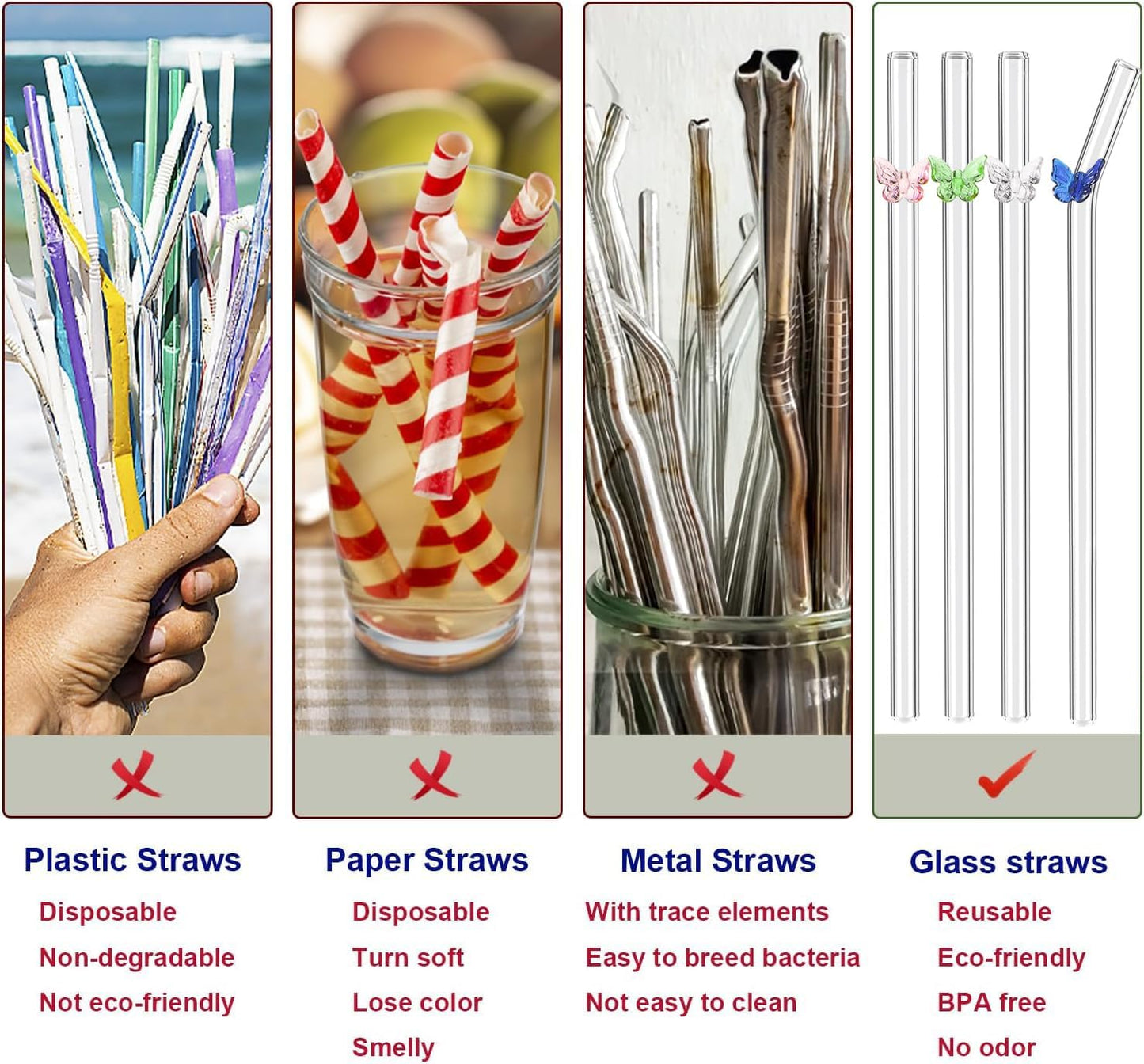 10 Pack Reusable Glass Straws Set, Clear Glass Drinking Straws, 8.5''x10MM, Creative and Cute Butterfly Straw with Cleaning Brush, Perfect for Smoothies, Milkshakes, Juice, Tea, Milk