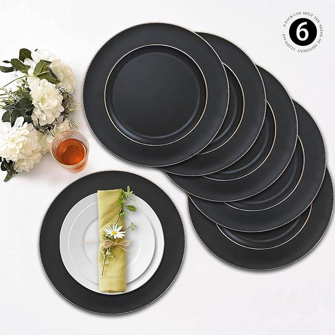 MAONAME Black Charger Plates, 13" Plastic Round Charger for Dinner Plates, Plate Chargers Set of 6, Beaded Table Chargers for Wedding, Table Setting