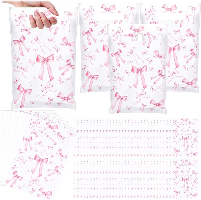 Supervitae 100 Pcs Easter Plastic Pink Bow Gift Bags Coquette Bow Party Favor Bags Bulk with Handle for Birthday Wedding Bridal Shower Spring Easter Goodie Candy Treat Bachelorette Party Supplies