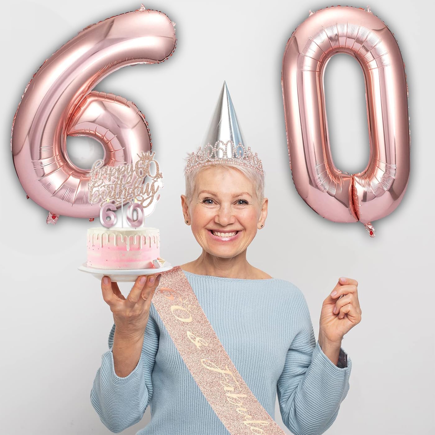 60th Birthday Decorations for Woman, 60th Birthday Sash and Crown, Cake Topper, Number Candles and Balloons,, 60 Year Old Gifts for Women