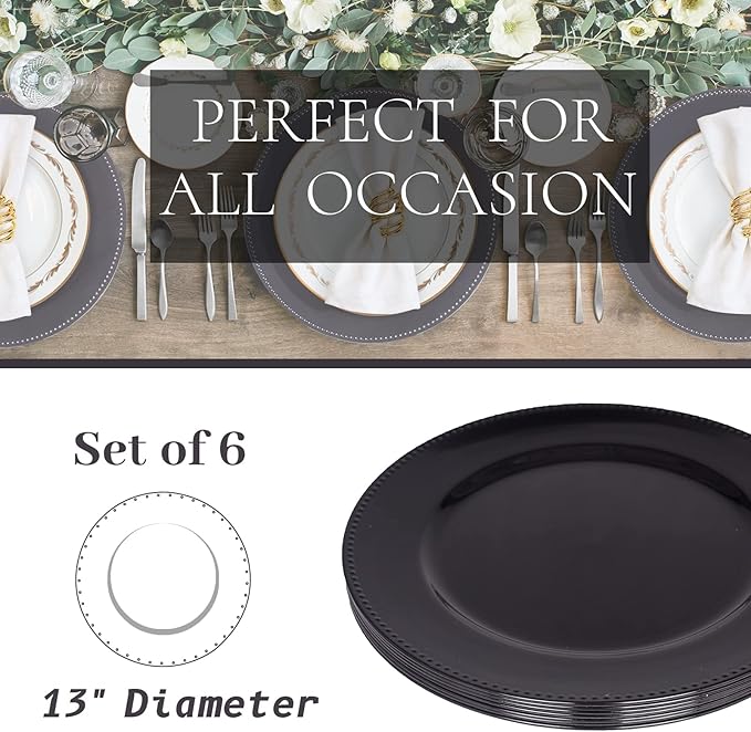 MAONAME 13" Round Charger Plates, Black Beaded Charger Plates, Plastic Plate Chargers for Dinner Plate, Wedding, Table Decor, Set of 6