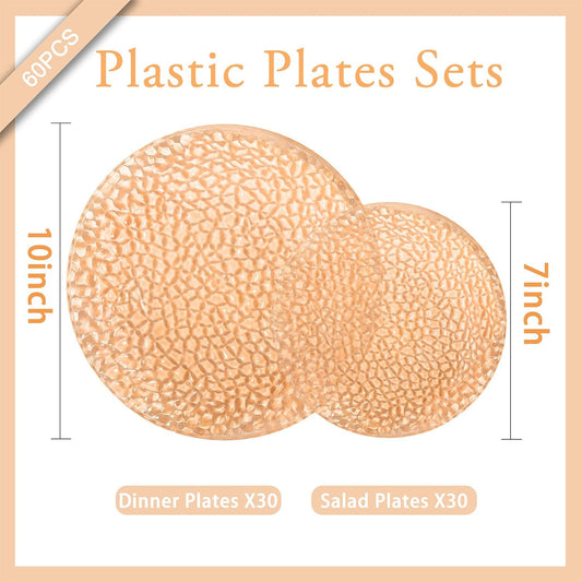 Rubtlamp 60Pcs Thanksgiving Plastic Plates, Orange Plastic Disposable Plates With Hammered Design, Orange Party Platos, Fancy Disposable Platos Include 30Dinner Plate,30Desssert Plate For Party