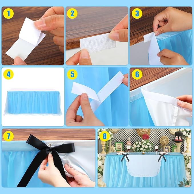 5 Pcs Wonderland Party Decorations Wonderland Table Cloth Blue Mesh Table Group, White Tablecloth Black Bow for Tea Party Celebrations Hatter Birthday Mother's Day
