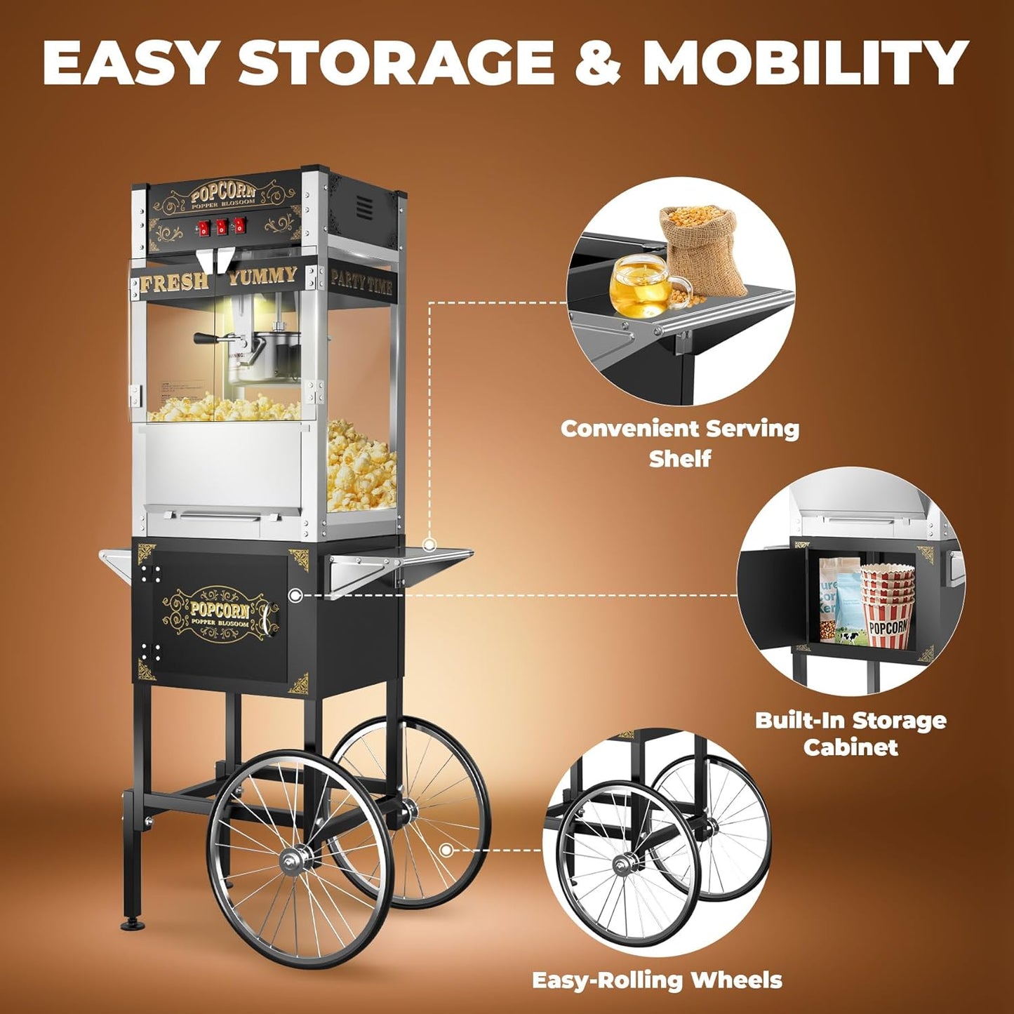 22oz Commercial Popcorn Machine with Cart, Large Popcorn Machine Makes Up to 80 Cups, Movie Theater Pop Corn Machine with Easy-Rolling wheels & Stainless-Steel Kettle, Black