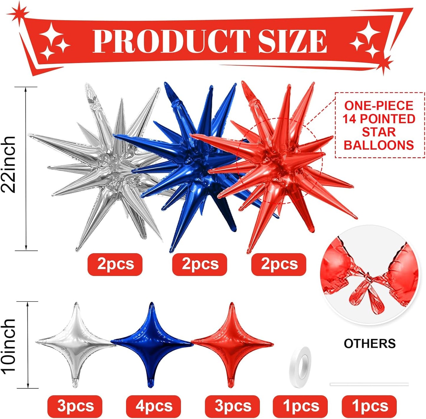 Red Blue Silver Star Balloons,6Pcs 22Inch Explosion Star Balloons and 10Pcs 10Inch Four Angle Balloon Kit for 4th of July Independence Day Birthday Anniversary Usa Party Patriotic Decorations