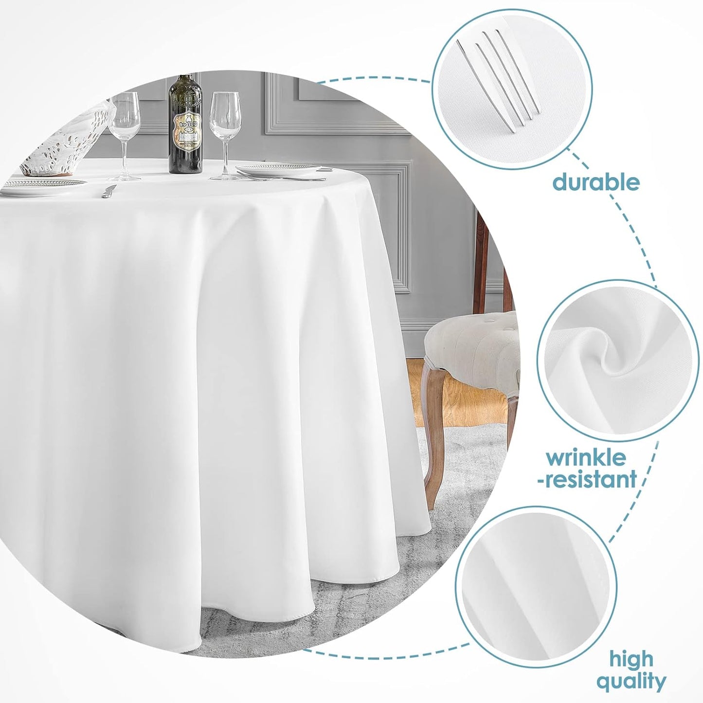 Vidafete 10 Pack 108inch Round Tablecloth Polyester Table Cloth，Stain Resistant and Wrinkle Polyester Dining Table Cover for Kitchen Dinning Party Wedding Rectangular Tabletop Buffet Decoration(White)
