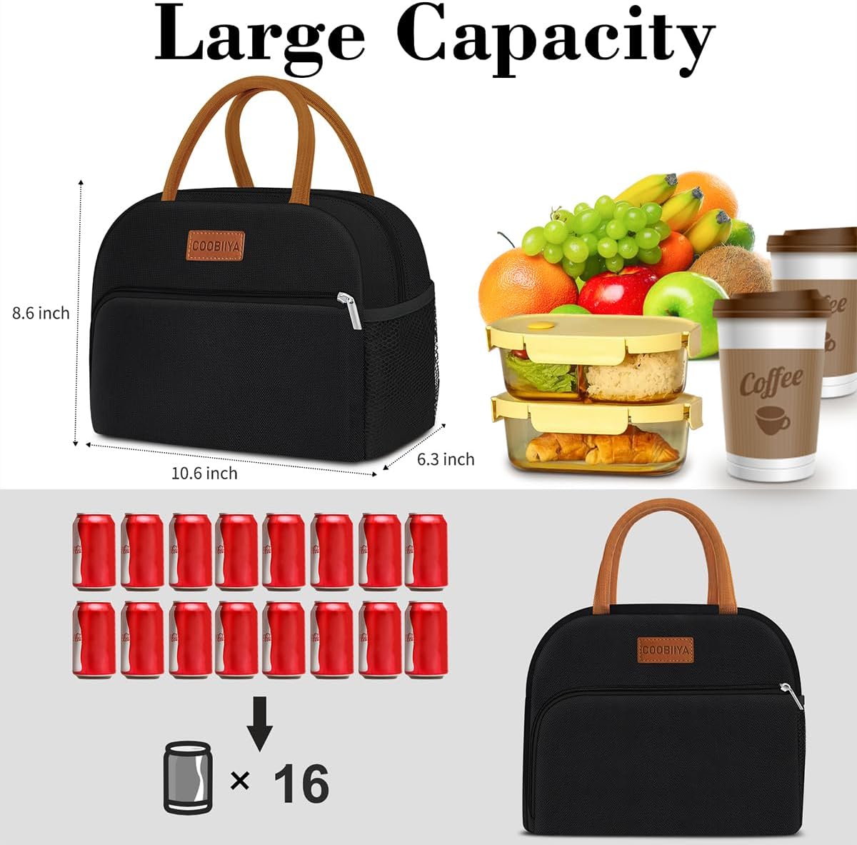 Coobiiya Lunch Box Lunch Bag for Women Adults Men, Reusable Cute Lunch Pail bag - Leakproof, Insulated Lunch Box Tote with Large Capacity, Cooler Lunch Container for Work/Travel/Office (Black)