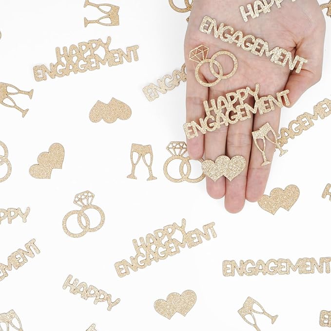 Champagne Gold Happy Engagement Confetti, Glitter Diamond Ring Table Confetti, Engaged Weeding Bachelorette Bridal Shower Party Decorations (100pcs)
