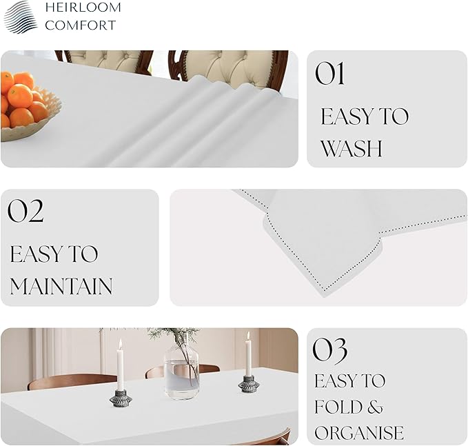 White Tabletop Tablecloth, 60x102 Inch, 100% Cotton, Fits 8-10 Seats, Washable, Soft, Durable, Wrinkle Resistant, Rectangle Table Cover for Dining, Weddings, Holiday Celebrations