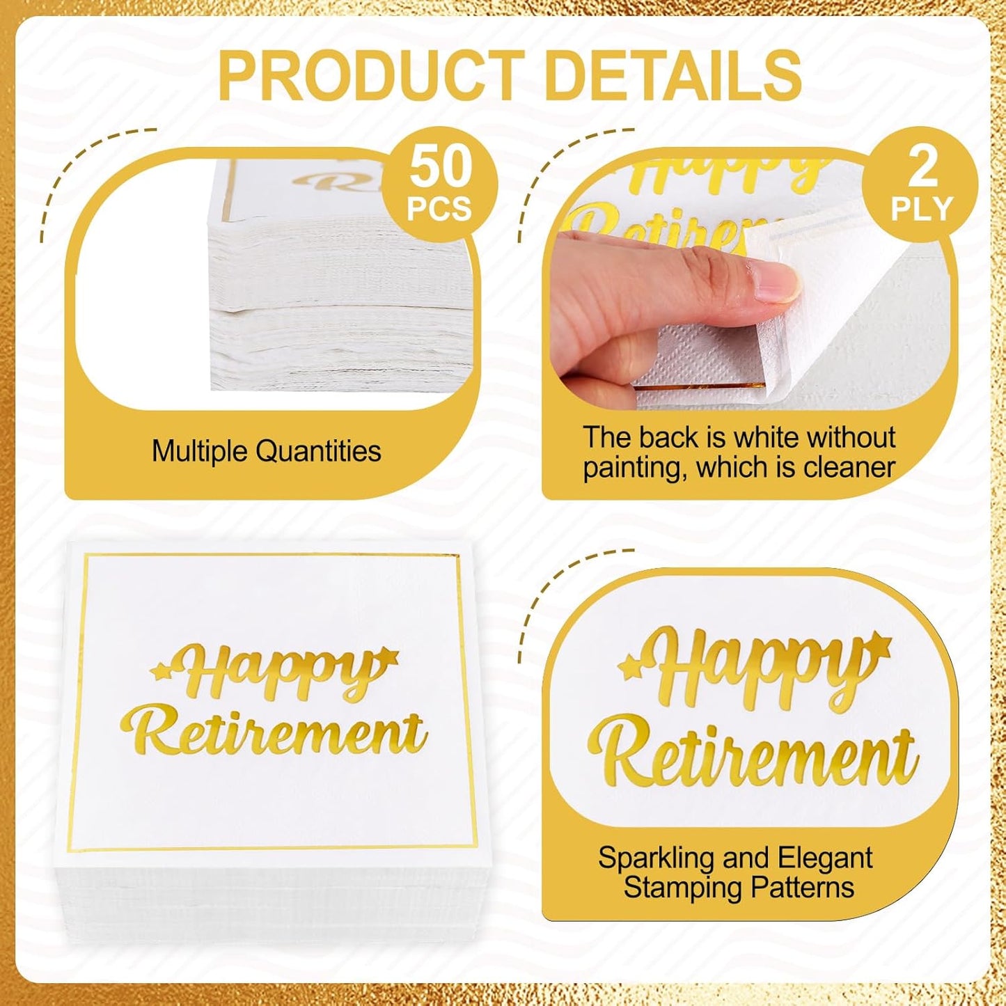 Vuzvuv 50 Pack Happy Retirement Cocktail Napkins - Disposable Paper Hand Napkins for Retirement Parties Farewell Gatherings Office Send-Off Party Decorations Table Decor (5" Folded 2 Ply - White)