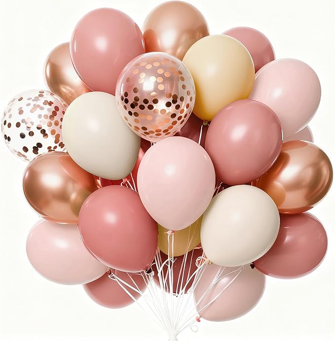 PartyWoo Dusty Pink Balloons 65pcs 12 Inch Blush Rose Pink Metallic Rose Gold Nude Boho White Sand Confetti Balloons for Baby Shower Birthday Gender Reveal Wedding Anniversary Party Decorations