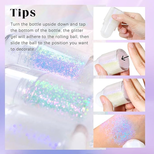 HOSAILY Roll-on Holographic Body Glitter Gel for Face Hair, Chameleon Color Changing Glitter Gel Under Light, Chunky Mermaid Sequins Festival Party Rave Accessories Shimmer Makeup (Neon Violet)