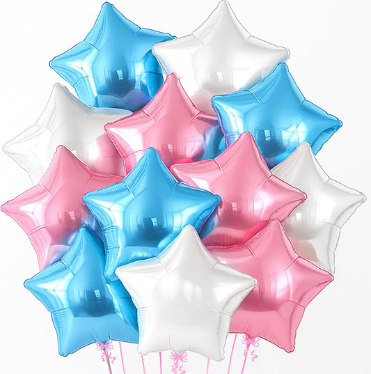 KatchOn, Huge Pink Blue and White Star Balloons - 18 Inch, Pack of 12 | Star Foil Balloons for Gender Reveal Decorations | Baby Shower Decorations, Gender Reveal Balloon | Birthday decorations