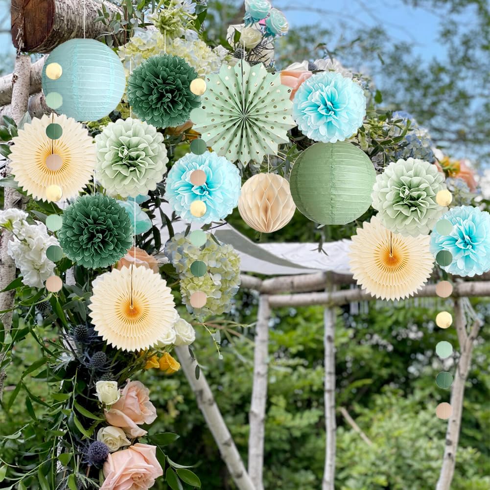 Sage Green and Blue Party Decorations Paper Lanterns Light Blue and Sage Green Baby Shower Decorations Beige Paper Fans Olive Pom Poms for Bridal Shower Wedding Engagement Birthday Bachelorette Party