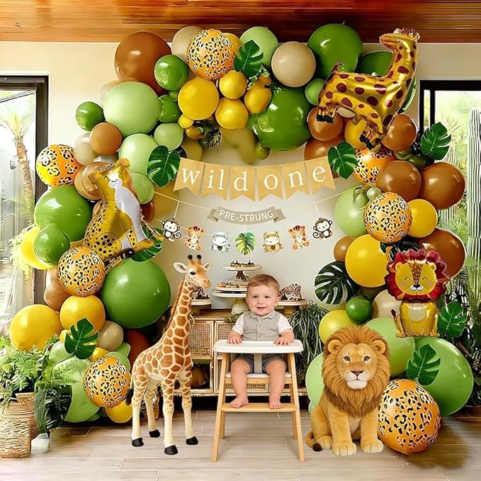 Sage Green Brown Balloons Double Stuffed Dusty Olive Green Mustard Yellow Balloon Arch Animal Print Balloons Palm Leaves for Baby Shower Birthday Safari Jungle Woodland Wild One Tropical Party Decor