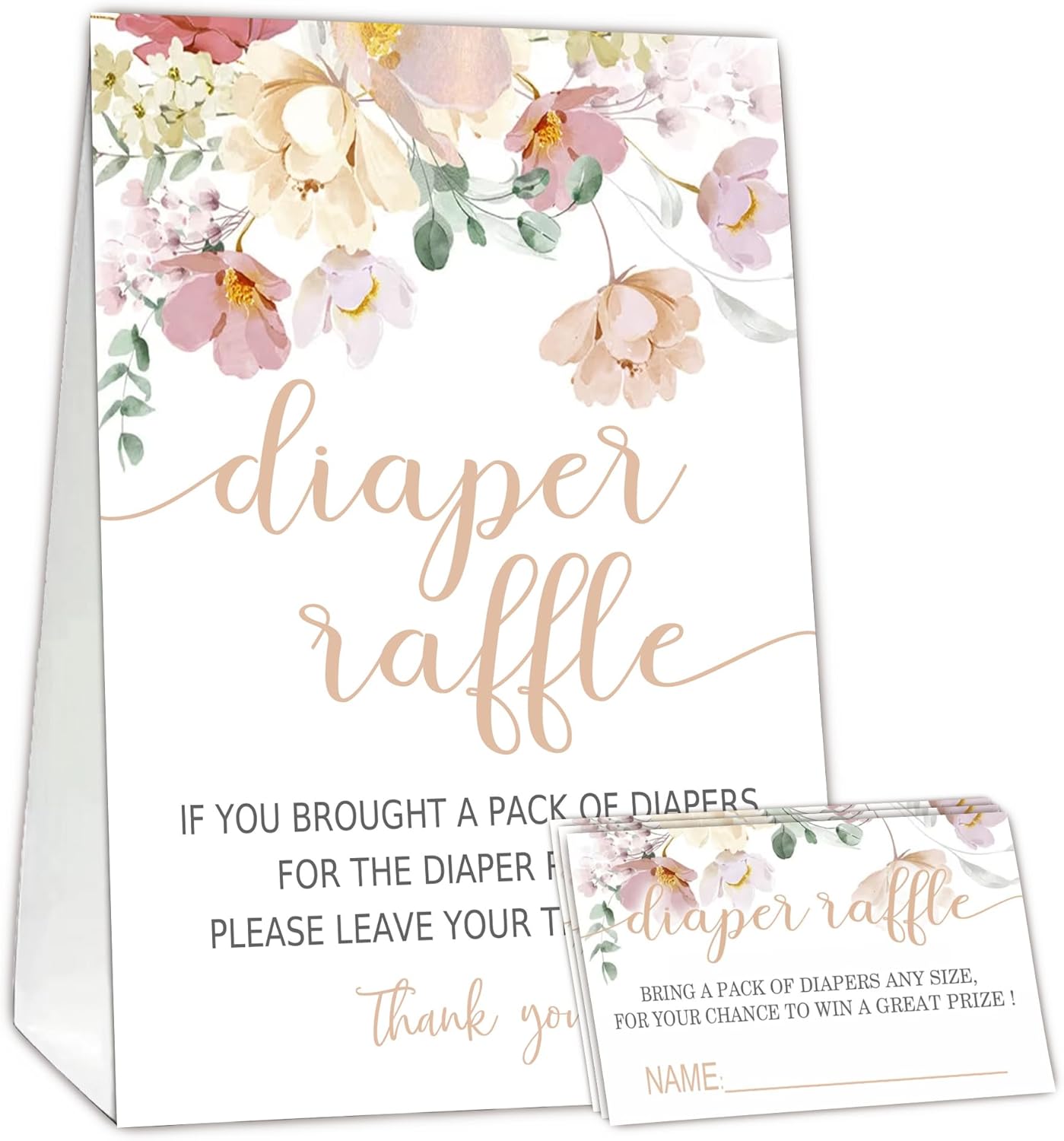 Floral Diaper Raffle Tickets for Baby Shower Game, 1 Standing Sign(5 * 7 Inch) & 50 Guessing Cards for Baby Shower Party Decoration