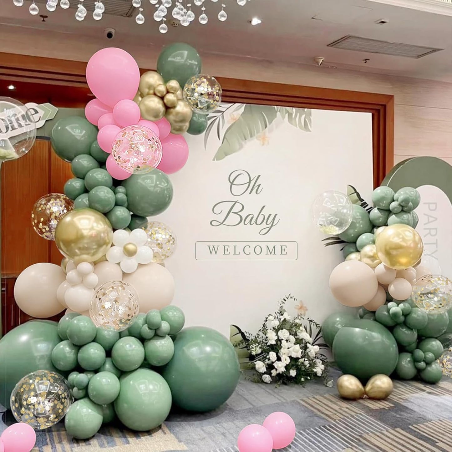Sage Green Pink Balloon Arch Kit, 166Pcs Olive Green Blush Pink Metallic Gold White Sand Balloons Garland for Baby Shower Wedding Birthday Jungle Safari Woodland Party Decorations