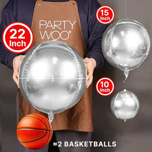 PartyWoo Metallic Silver Foil Balloons 20pcs Different Sizes Pack of 22 15 10 Inch Large Round Foil 4D Inflatable Mirror Ball Mylar Balloons for Graduation Birthday Engagement Party Decorations