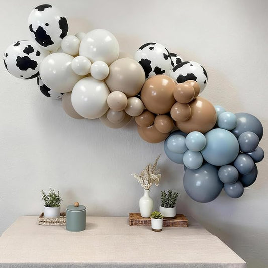 Cowboy Western Balloon Arch Kit, Dusty Blue Brown Double Stuffed Sand White Balloon Garland with Cow Print Balloons for Boys Western Cowboy Theme Birthday First Rodeo Baby Boy Shower Party Decorations