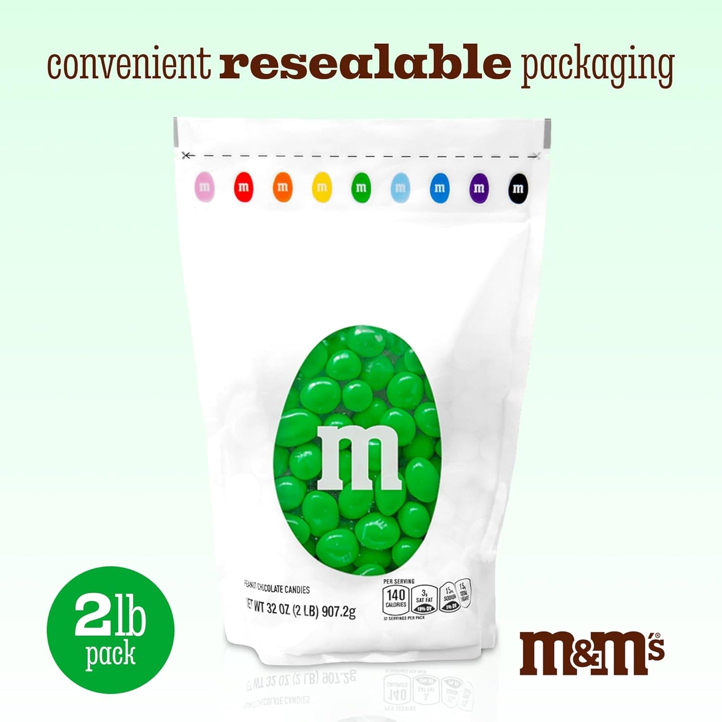 M&M’S WORLD Peanut Green Chocolate Candy 2lb Resealable Pack for St. Patrick's Day Candy Buffet Birthday Parties Candy Bar and Edible Decoration