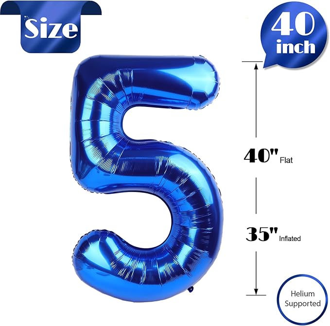 Metallic Blue Number 5 Balloon 40 Inch, 5th Birthday Party Decorations for Children, Giant 5 Foil Balloon for Party Supplies