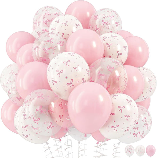 Pink Bow Balloons – 12 Inch Pastel Pink Transparent Coquette Bow Print Latex Balloons for Birthday & Bridal Party