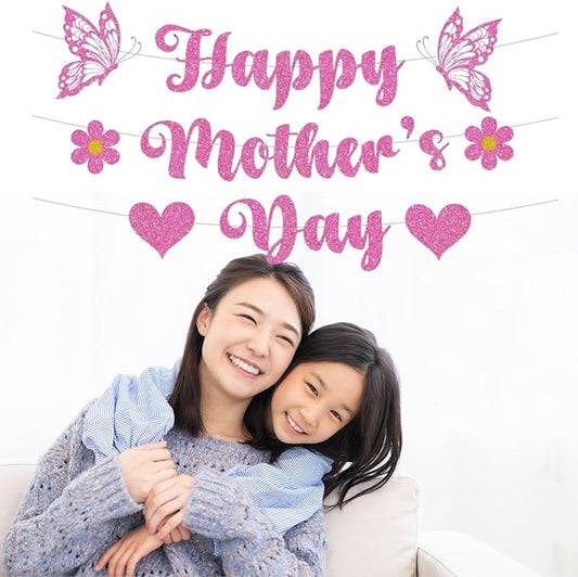Happy Mother's Day Banner Set Decoration for Mother's Day Party Decorations Backdrop Garland for Mom Mother's Day Glitter Garland Photo Props (Pink Butterfly)