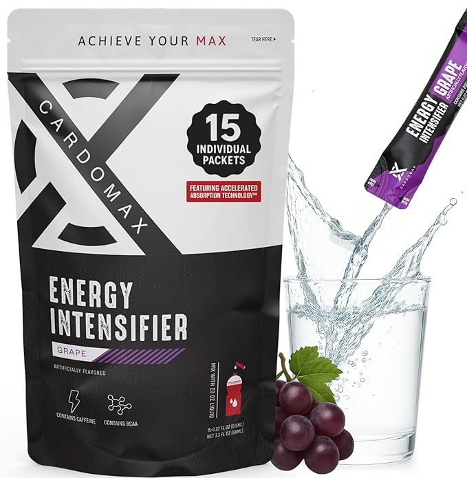CardoMax - Energy Drink Packets - Liquid Preworkout for Men & Women Caffeine Packets with BCAA, Vitamin B12, Vitamin B6 & B3 - Sugar-Free, Zero Calorie, Vegan & Keto - 15 Stick Packs - Grape