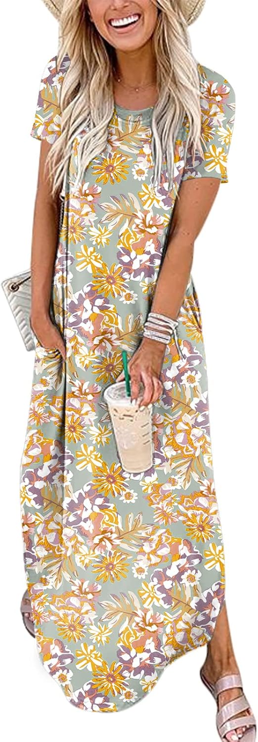 ANRABESS Womens Summer Maxi Dress Short Sleeve Casual Loose Long T Shirt Dresses Split Vacation Beach Sundress Travel Outfits