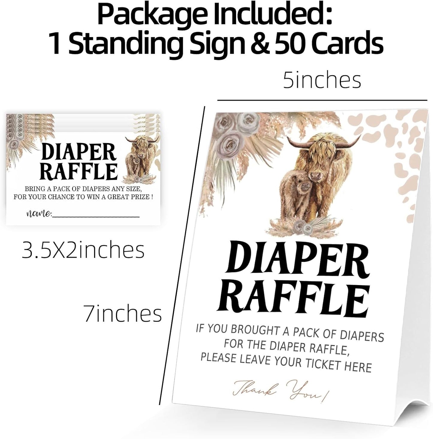 Diaper Raffle Tickets for Baby Shower Game, 1 Standing Sign & 50 Guessing Cards for Baby Shower Party Decoration, Holy Cow, Boho Highland Cow