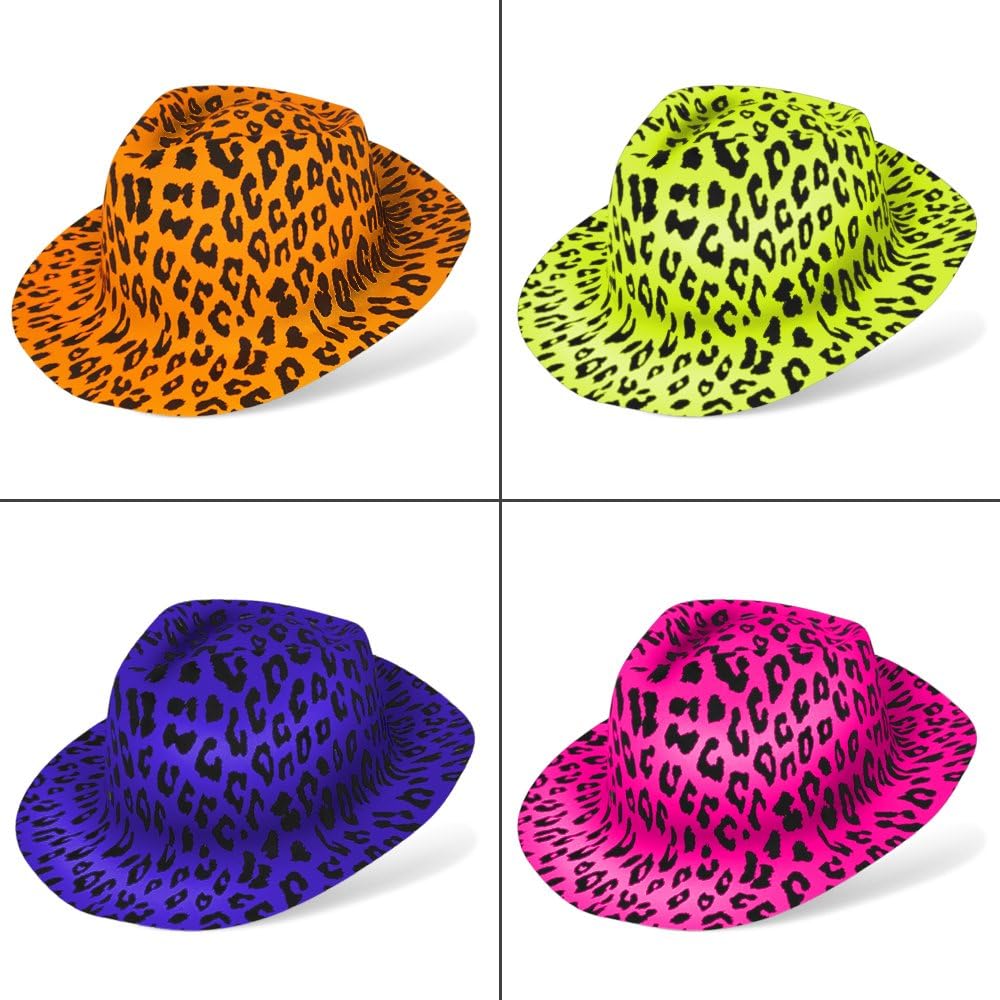 Novelty Place Neon Animal Print Plastic Party Hats, Fedora with Gangster Mafia Style, Blacklight Glow Party Hats(12/24 Pack)