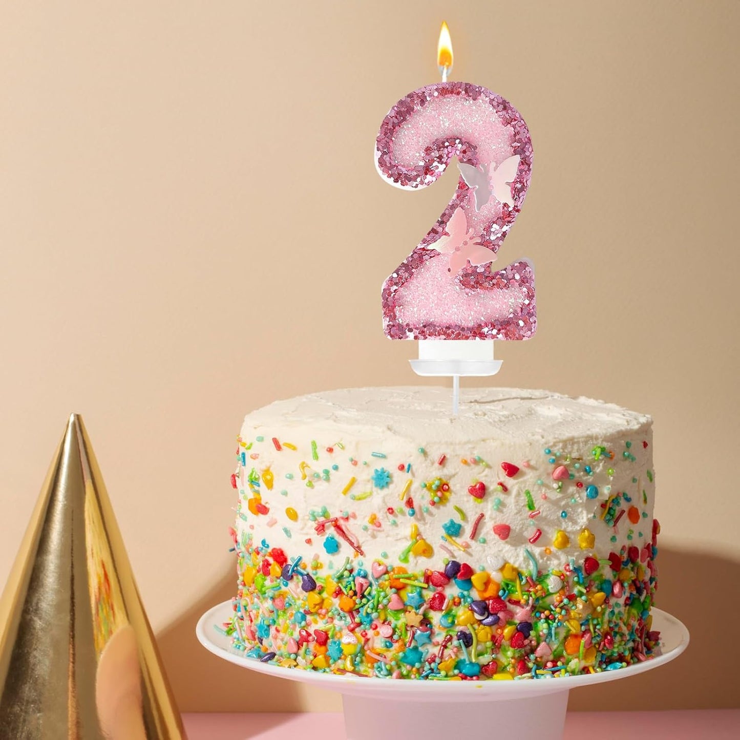 2th Birthday Candles，Glitter Butterfly Cake Toppers Pink Sequins Wedding Numeral Cupcake Decorations，Suitable for Girl and boy Wedding Cakes, Party Celebrations, Birthday Decorations