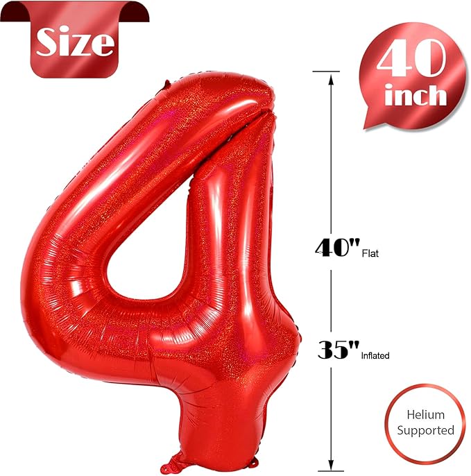 Laser Red 4 Balloon, Number Balloons 40 Inch, 4th Birthday Decorations for Girls Four Large Numbers for Party Decor, Number 4 Balloon