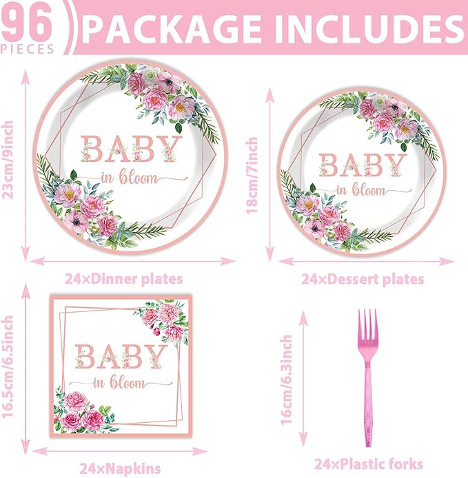 OBUSATT 96Pcs Baby in Bloom Party Supplies Baby in Bloom Floral Paper Plates Napkins Babies Shower Party Decorations Girl Floral Dinnerware Birthday Favor Pink Birthday Tableware Serves 24