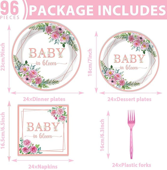 OBUSATT 96Pcs Baby in Bloom Party Supplies Baby in Bloom Floral Paper Plates Napkins Babies Shower Party Decorations Girl Floral Dinnerware Birthday Favor Pink Birthday Tableware Serves 24