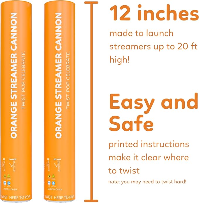 2 Pack Streamer Cannon Confetti Poppers | Biodegradable Orange Confetti | TUR Party Supplies | Launches Up to 25ft | Giant (12 in) | Party Poppers for Graduation, Birthdays, Weddings, and Memorial Day