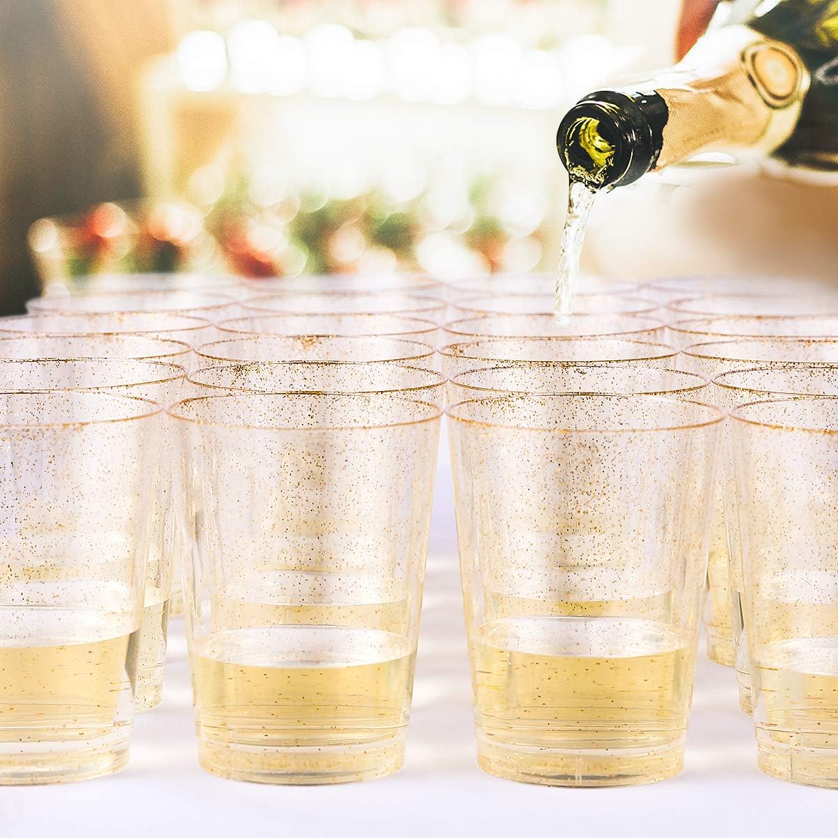 JOLLY CHEF 100 Pack 14 oz Gold Disposable Gold Glitter Plastic Cups Party Cups,Ideal for Halloween,Thanksgiving,Christmas