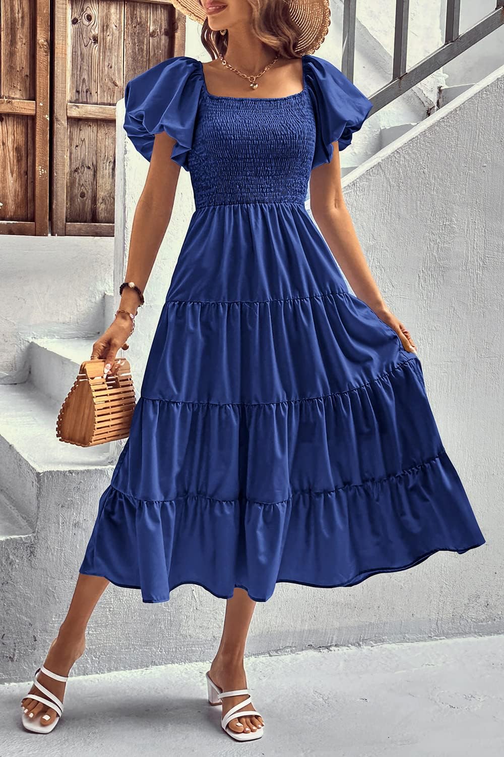 PRETTYGARDEN Women's Casual Summer Midi Dress Puffy Short Sleeve Square Neck Smocked Tiered Ruffle Dresses