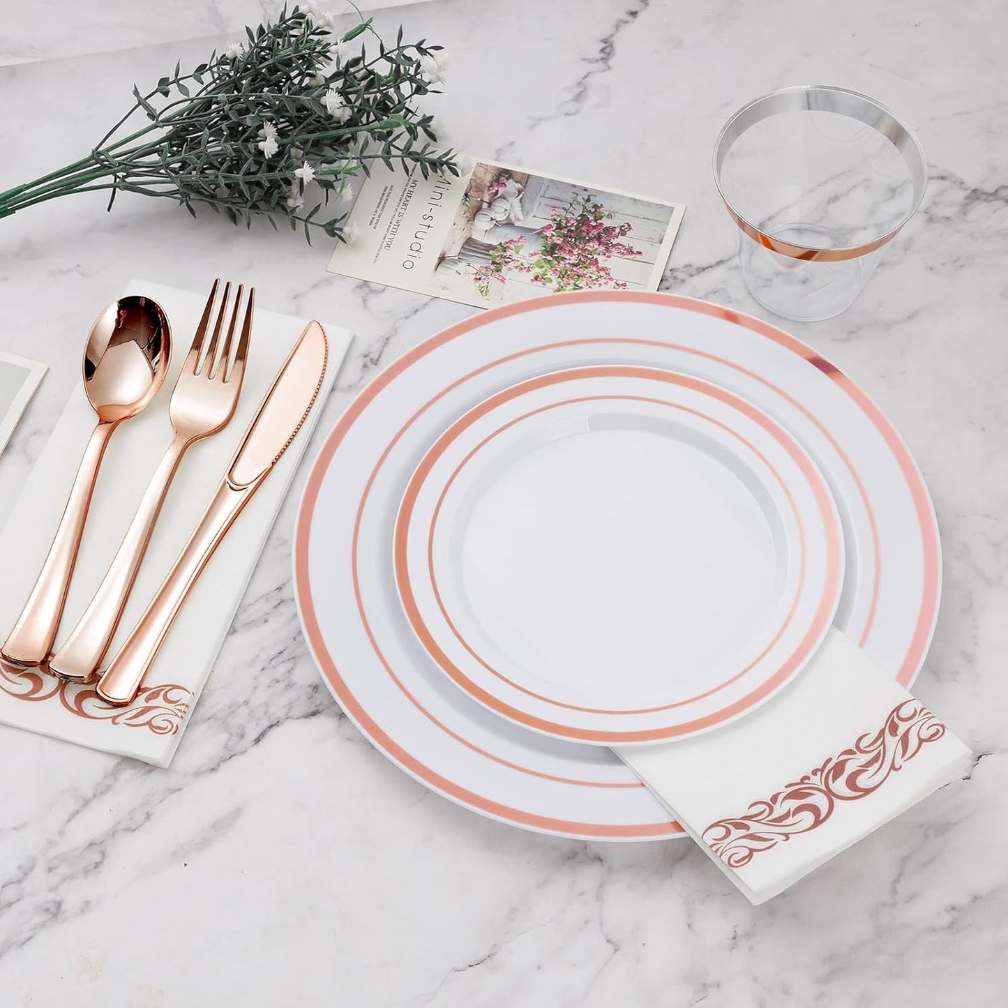 BESTVIP 700PCS Rose Gold Disposable Dinnerware Set for 100 Guests, Plastic Plates for Party, Wedding, Christmas, Halloween, Include: 200 Plastic Plates, 100 Gold Silverware, 100 Cups, 100 Napkins
