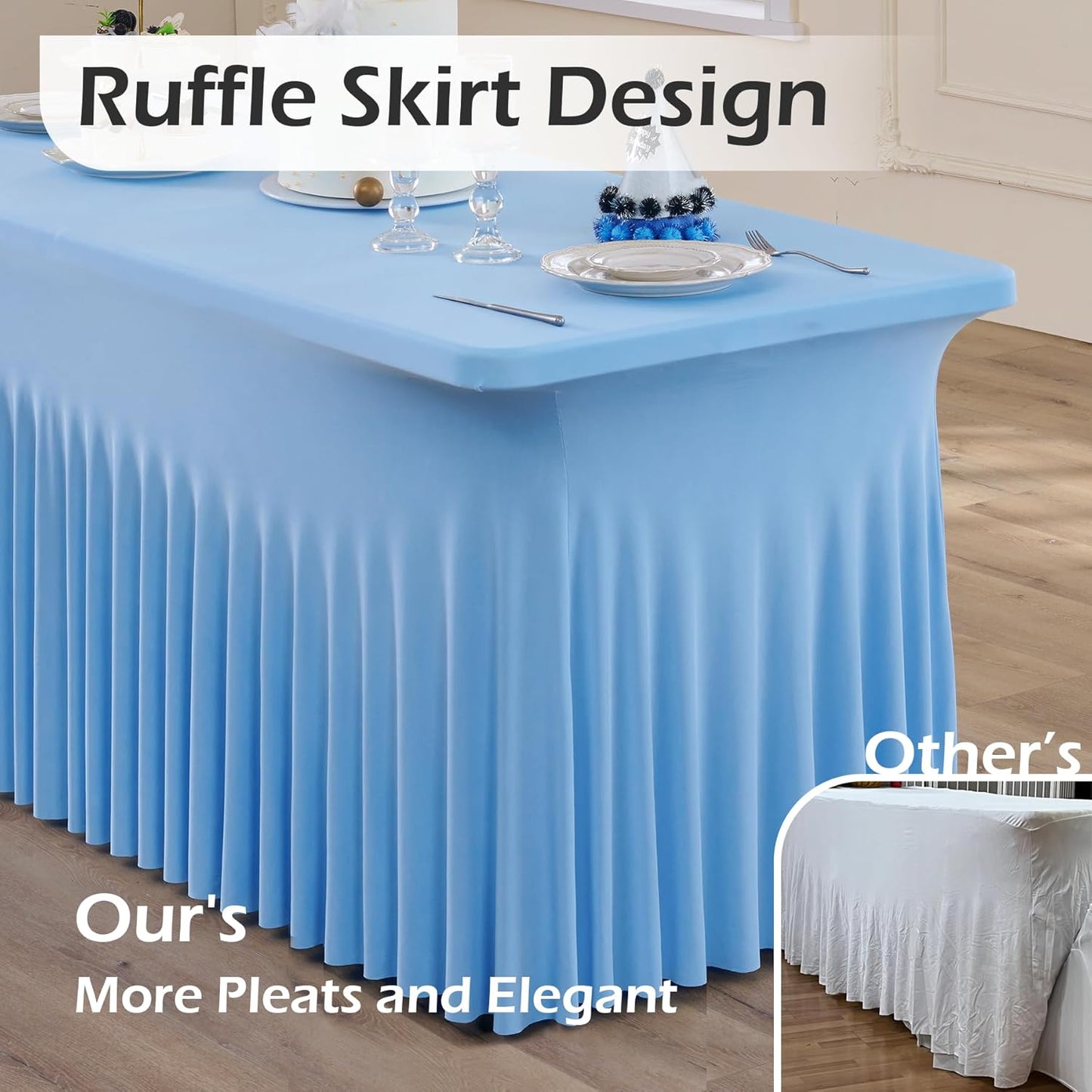 2 pk Baby Blue Spandex Tablecloth 8ft With Ruffle Table Skirt, Wrinkle Free Stretchy Fitted Tablecloths for 8 Foot Rectangle Tables, Elastic Spandex Table Covers for Weddings Parties Banquet Craft