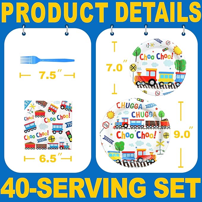 Train Party Decorations - Train Party Plates and Napkins for Kids, Serves 40 Guests