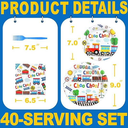 Train Party Decorations - Train Party Plates and Napkins for Kids, Serves 40 Guests