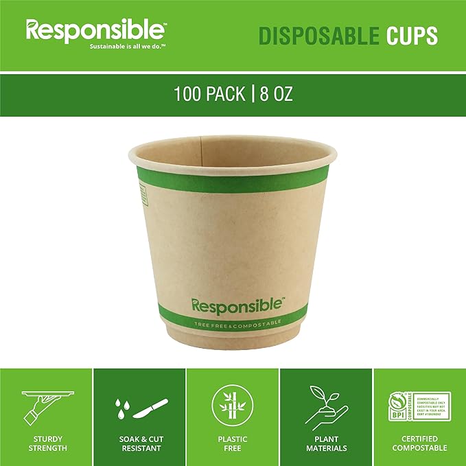 Responsible Products Smooth Insulated Paper Hot Cups (squat), Tree-Less™ Compostable Insulated Coffee Cups, Tree-Free, Made Without PFAS (Natural Brown, 8 oz (100 Count))