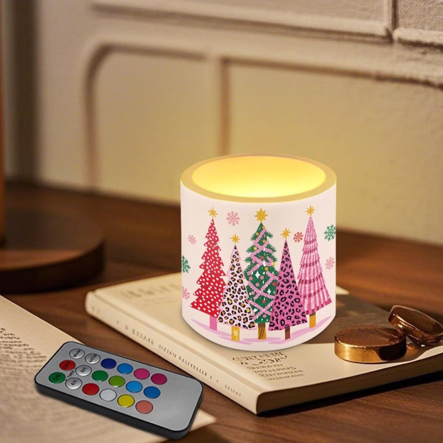 Poceacles Christmas LED Flameless Candles Set of 4 Battery Operated Fake Flickering Candles with Remote and Timer, for Holiday Festival Decor, Leopard Print Christmas Tree Snowflake Pink