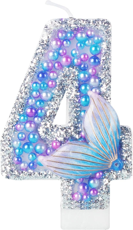 Girls Sparkler 4 Birthday Number Candles, Purple Pearls Mermaid Tail Number Birthday Candles for Girls Women Birthday Cakes Mermaid Themed Birthday Decorations Party Favors Number 4 Candle Cake Topper