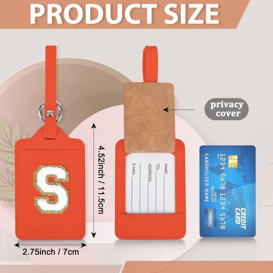 XSUIOY Personalized Initial Luggage Tags, Leather Chenille Letter Cute Luggage Tags with Privacy Name Card, Embroidered Travel Bag Backpack Tags Gifts for Women Kids Girls Teens (Orange, 1 Pack)