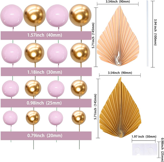 Ephlyn 28Pcs Paper Palm Fan Cake Topper Balls Cake Pick Decoration for Baby Shower Wedding Bridal Shower Birthday Party DIY Cake Decorations Supplies Pink Gold
