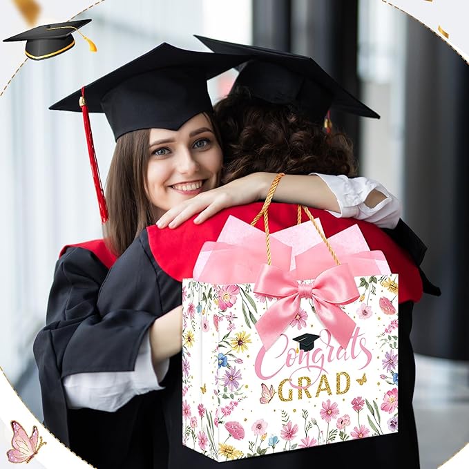 Maitys 12 Pack 13" Large 2026 Graduation Gift Bags Bulk with Handle, Tissue Papers, Cards, Ribbons Pink Class of 2026 Congrats Grad Wildflower Paper Wrapping Bag for College Graduation Party Supplies