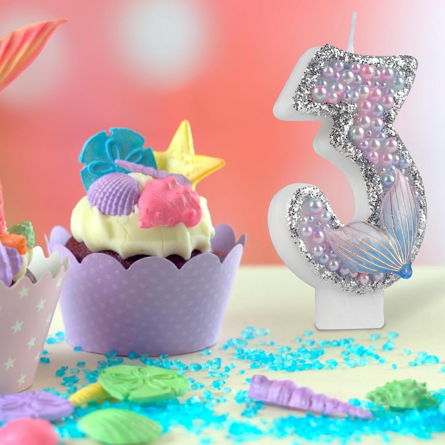 Girls Pink Mermaid Tail Birthday Candles - Glitter Candy & Topper Set for Cakes - Celebrate 3rd Birthday